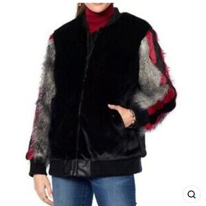 Adrienne Landue black red fax fur coat NWT